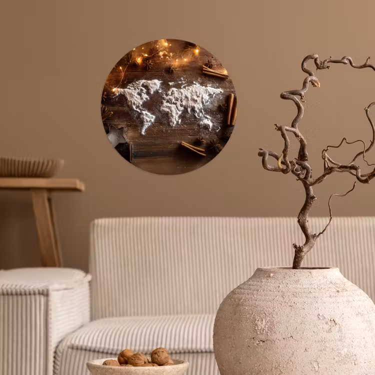 Wereldkaart - Poedersuiker - Hout Wandcirkel behangsticker klein -sfeer1