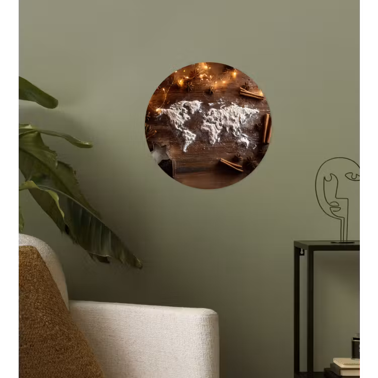 Wereldkaart - Poedersuiker - Hout Wandcirkel behangsticker klein -sfeer2