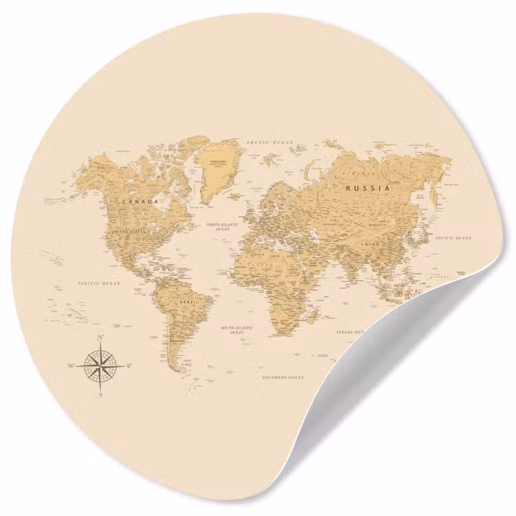 Wereldkaart - Realistisch - Beige Wandcirkel behangsticker klein -3d