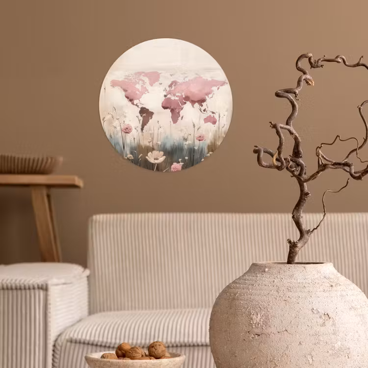 Wereldkaart - Roze - Bloemen Wandcirkel behangsticker klein -sfeer1