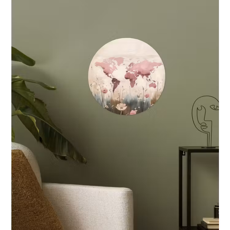 Wereldkaart - Roze - Bloemen Wandcirkel behangsticker klein -sfeer2