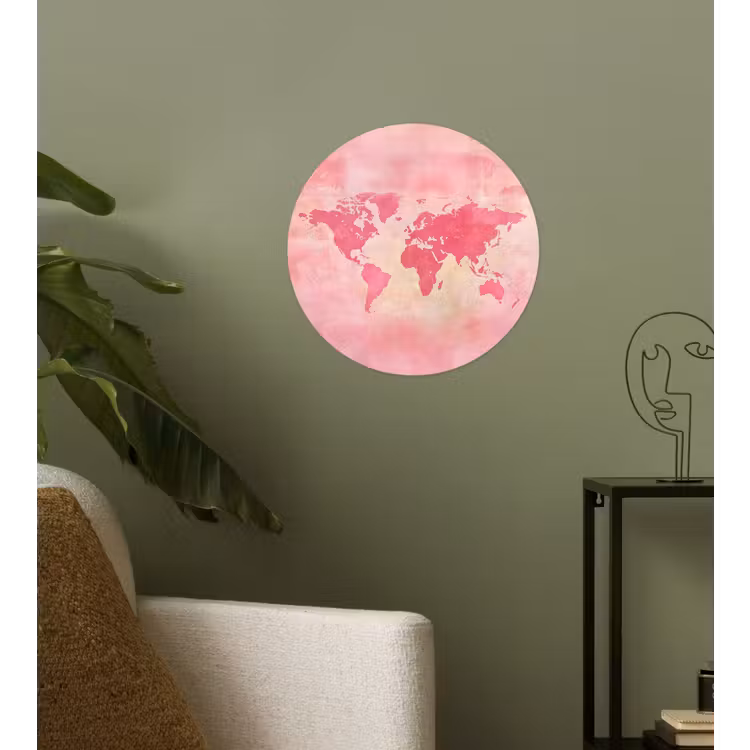 Wereldkaart - Roze - Vaag Wandcirkel behangsticker klein -sfeer2
