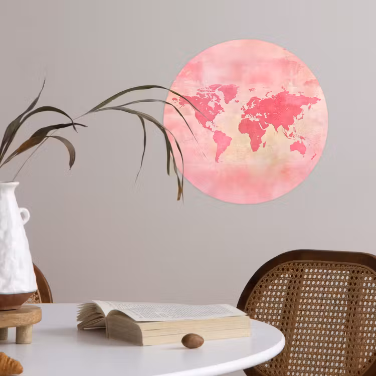 Wereldkaart - Roze - Vaag Wandcirkel behangsticker klein -sfeer3
