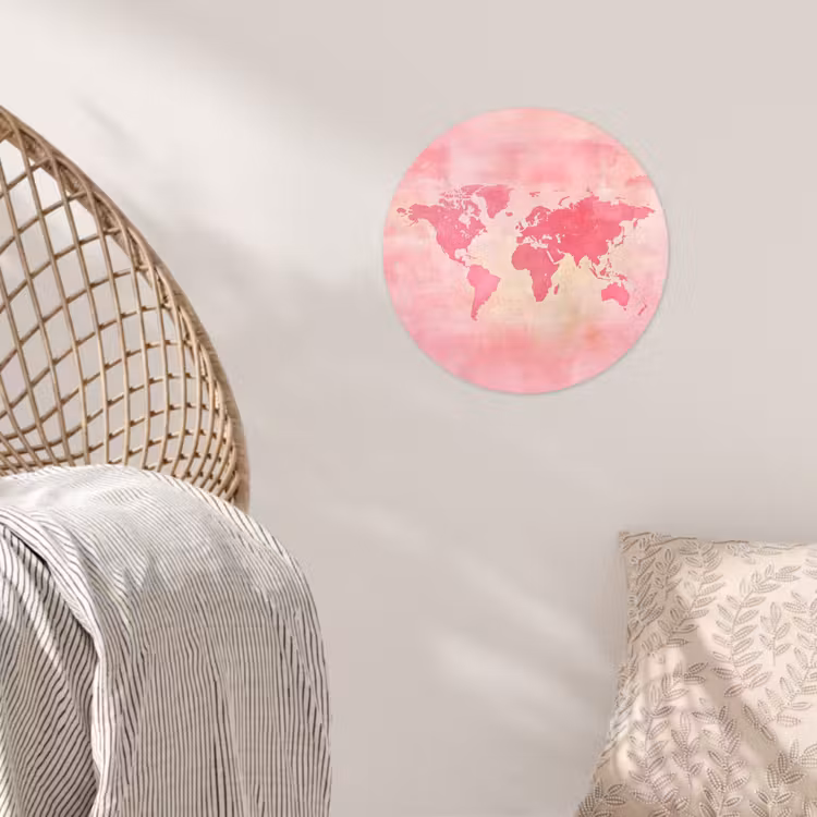 Wereldkaart - Roze - Vaag Wandcirkel behangsticker klein -sfeer4