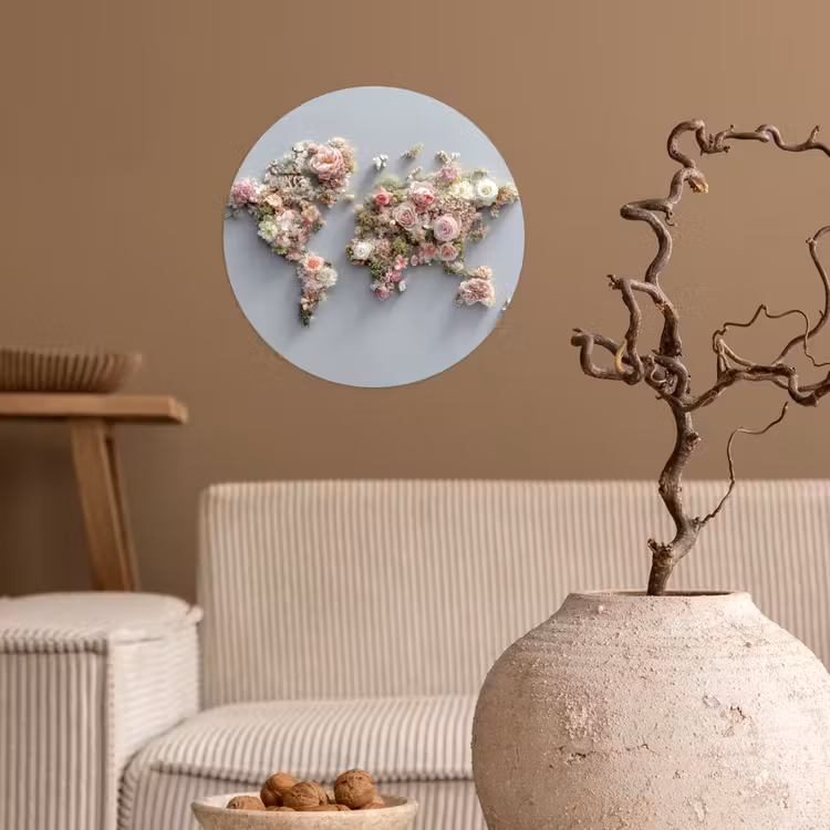 Wereldkaart - Rozen - Roze Wandcirkel behangsticker klein -sfeer1