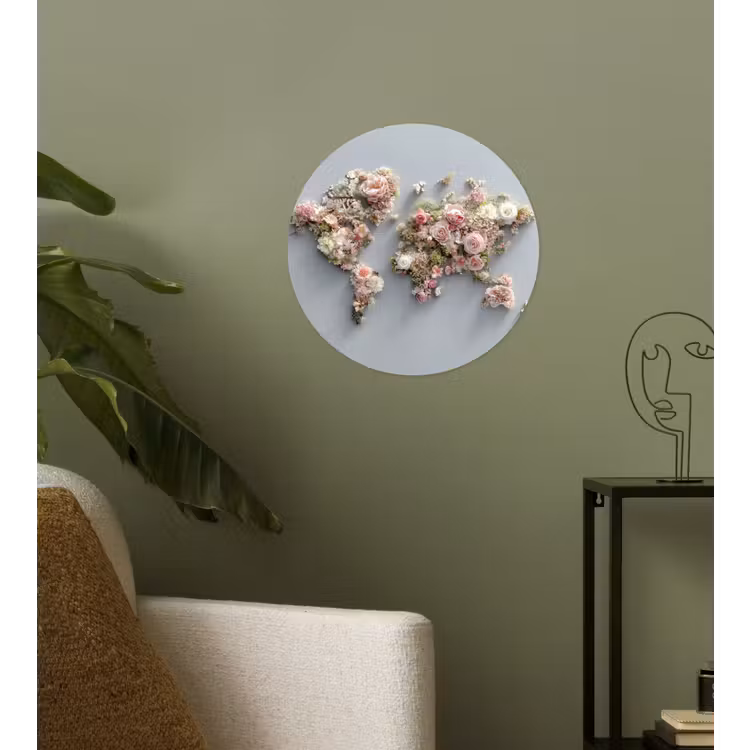 Wereldkaart - Rozen - Roze Wandcirkel behangsticker klein -sfeer2
