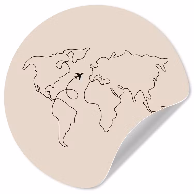 Wereldkaart - Simpel - Vliegtuig Wandcirkel behangsticker klein -3d
