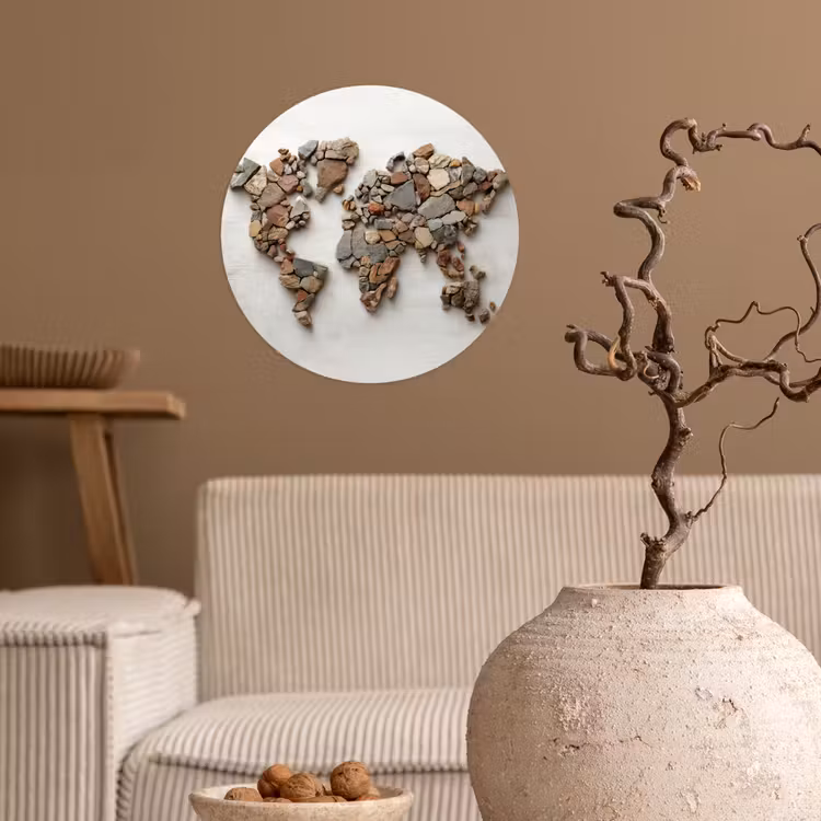 Wereldkaart - Stenen - Wit Wandcirkel behangsticker klein -sfeer1