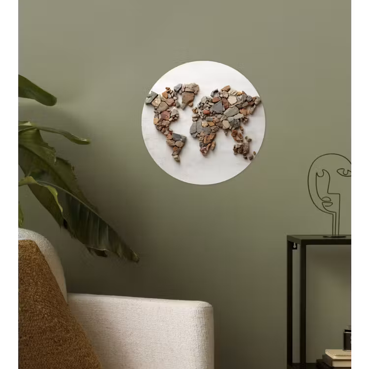 Wereldkaart - Stenen - Wit Wandcirkel behangsticker klein -sfeer2