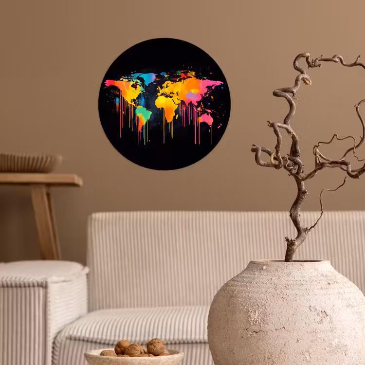Wereldkaart - Verf - Kleurrijk - Graffiti - Wereld Wandcirkel behangsticker klein -sfeer1