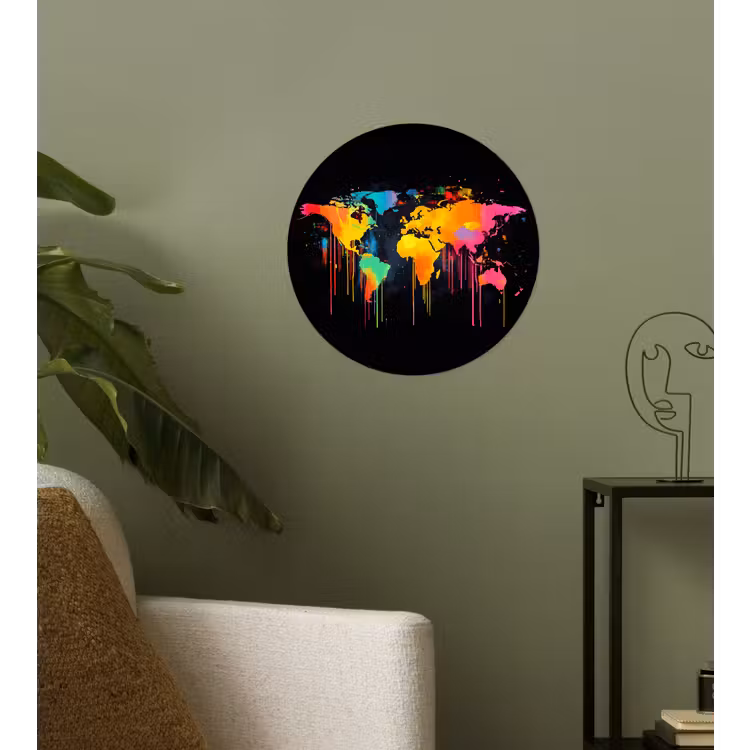 Wereldkaart - Verf - Kleurrijk - Graffiti - Wereld Wandcirkel behangsticker klein -sfeer2