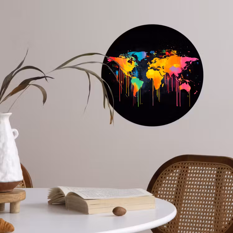 Wereldkaart - Verf - Kleurrijk - Graffiti - Wereld Wandcirkel behangsticker klein -sfeer3