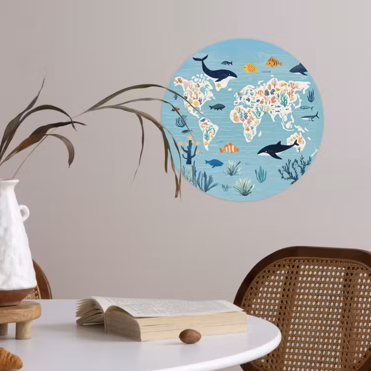 Wereldkaart - Zeeleven - Blauw Wandcirkel behangsticker klein -sfeer3