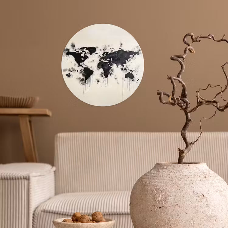 Wereldkaart - Zwart - Inkt Wandcirkel behangsticker klein -sfeer1