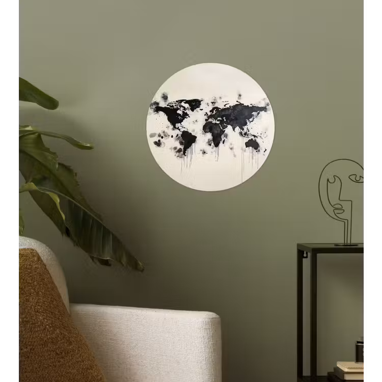 Wereldkaart - Zwart - Inkt Wandcirkel behangsticker klein -sfeer2