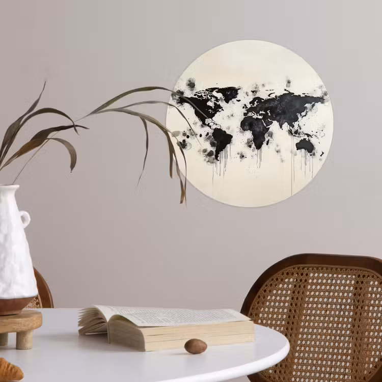 Wereldkaart - Zwart - Inkt Wandcirkel behangsticker klein -sfeer3