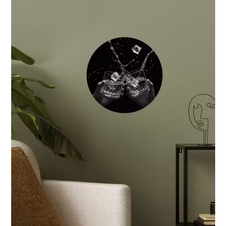 Whickyglazen - Ijs - Spetters - Zwart Wandcirkel behangsticker klein -sfeer2