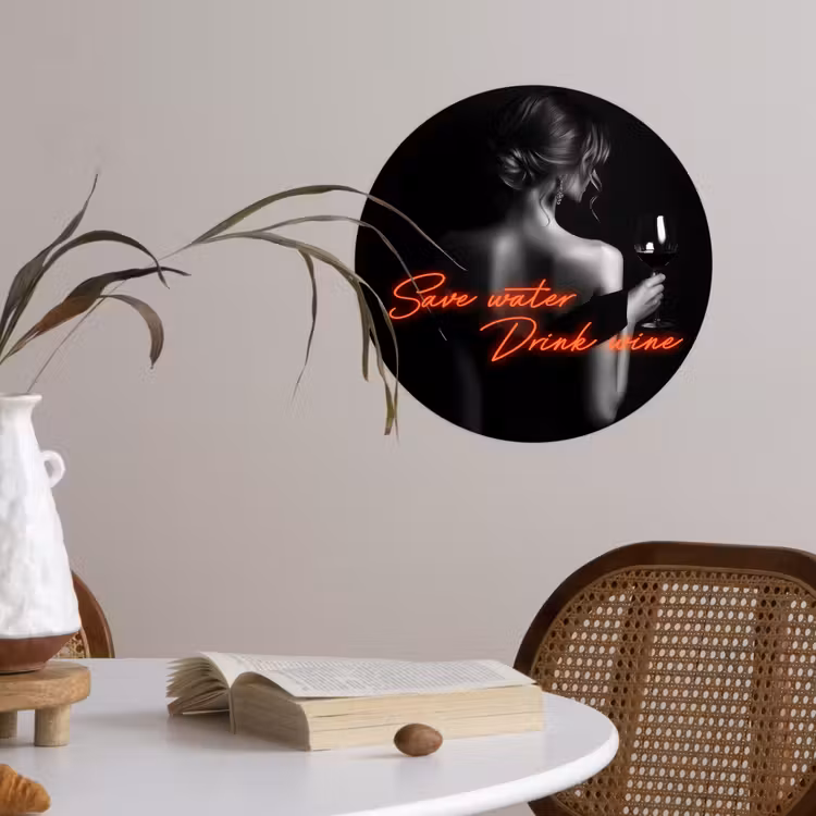 Wijn - Vrouw - Neon - Quote Wandcirkel behangsticker klein -sfeer3