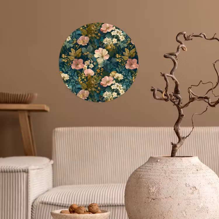 Wilde bloemen - Botanisch - Patroon - Roze - Romantisch Wandcirkel behangsticker klein 186 -sfeer1