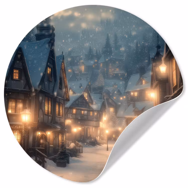 Winterdorp - Sneeuw - Donker Wandcirkel behangsticker klein -3d