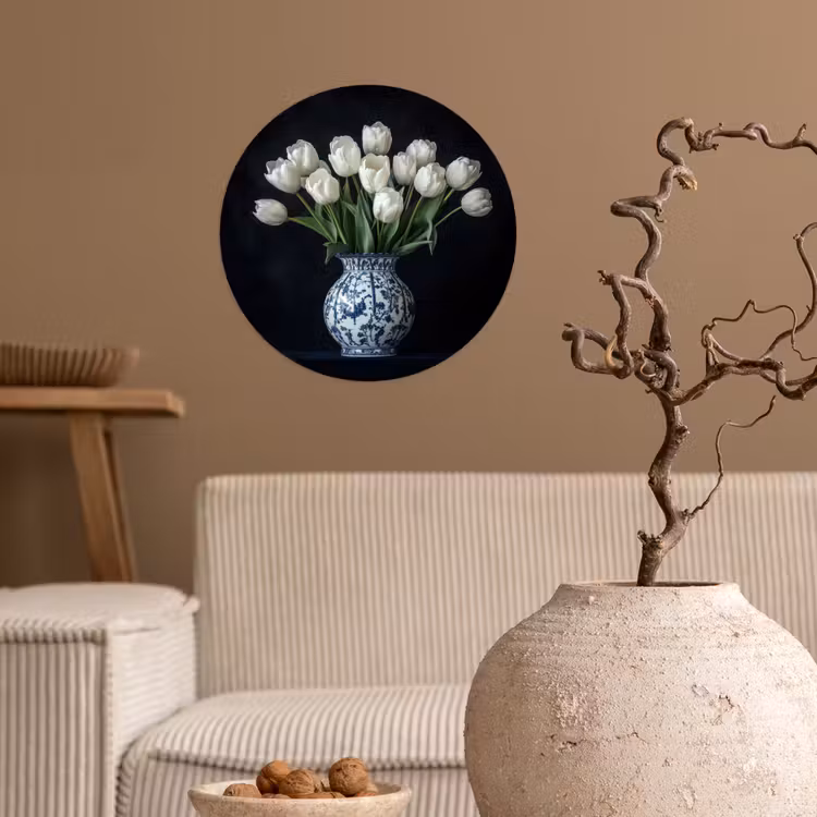 Wit - Bloemen - Tulpen - Vaas Wandcirkel behangsticker klein -sfeer1