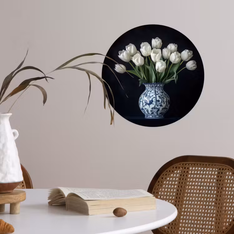 Wit - Bloemen - Tulpen - Vaas Wandcirkel behangsticker klein -sfeer3