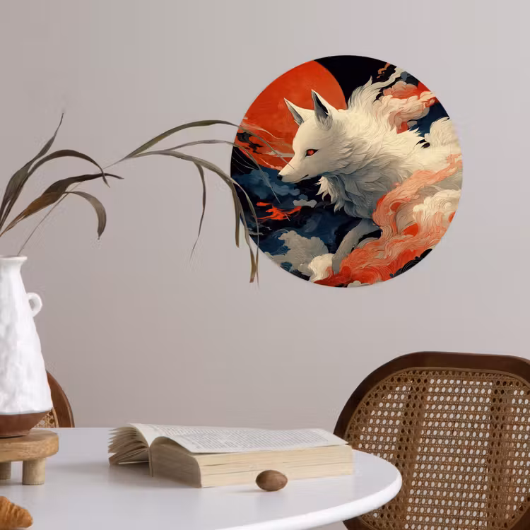 Witte vos - wolken - maan Wandcirkel behangsticker klein -sfeer3
