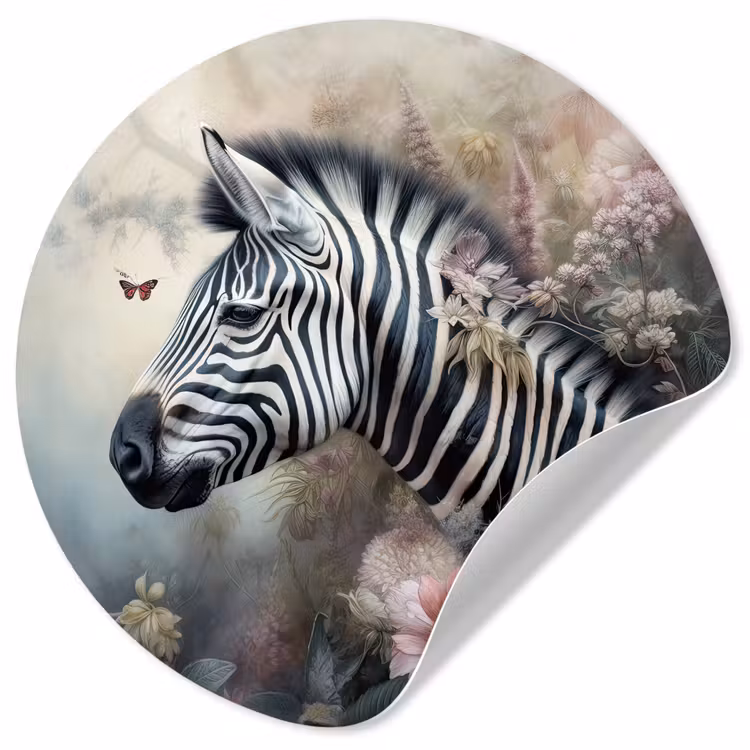 Zebra - Wilde dieren - Vlinder - Bloemen Wandcirkel behangsticker klein -3d