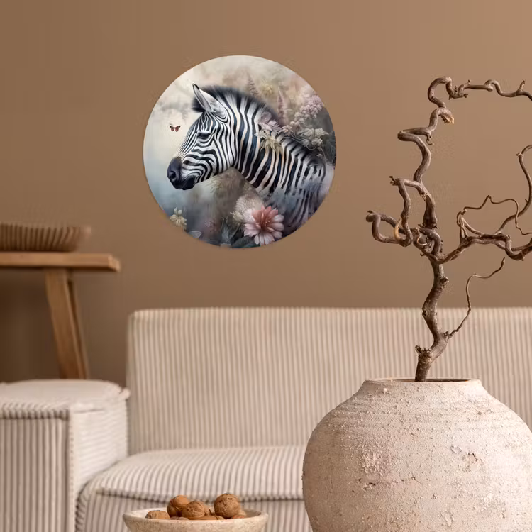 Zebra - Wilde dieren - Vlinder - Bloemen Wandcirkel behangsticker klein -sfeer1