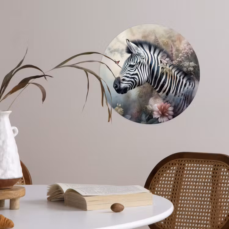 Zebra - Wilde dieren - Vlinder - Bloemen Wandcirkel behangsticker klein -sfeer3