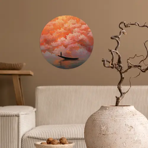 Zee - Boot - Wolken - Oranje Wandcirkel behangsticker klein -sfeer1