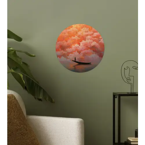Zee - Boot - Wolken - Oranje Wandcirkel behangsticker klein -sfeer2