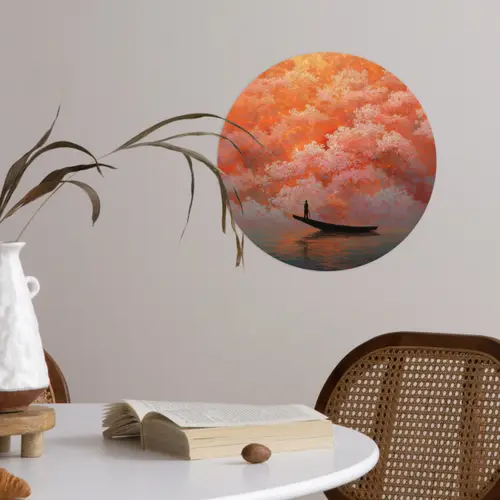 Zee - Boot - Wolken - Oranje Wandcirkel behangsticker klein -sfeer3