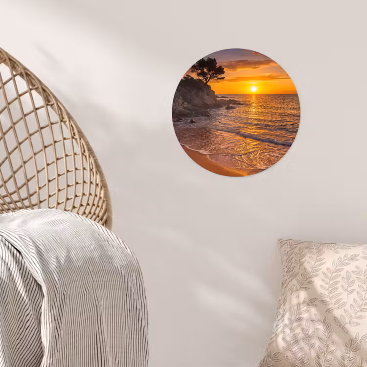 Zee - Kust - Zonsondergang - Natuur - Oranje Wandcirkel behangsticker klein -sfeer4
