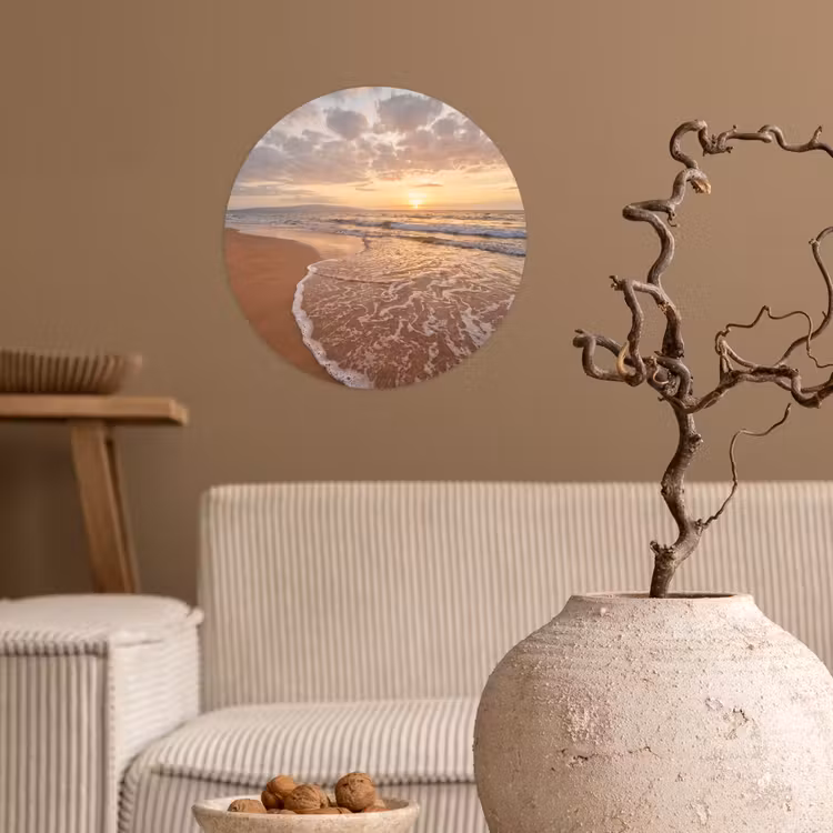Zee - Kustlijn - Wolken - Landschap - Oranje Wandcirkel behangsticker klein -sfeer1