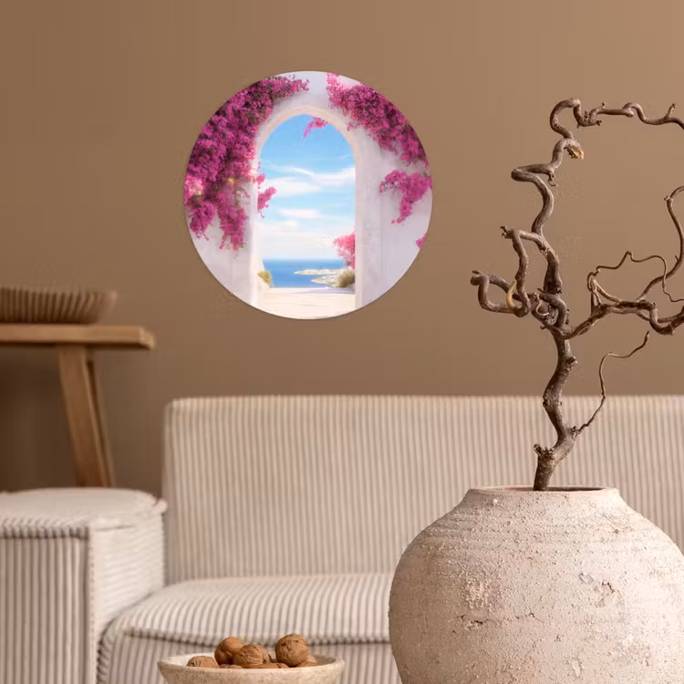 Zee - Roze - Bloemen - Poort Wandcirkel behangsticker klein -sfeer1
