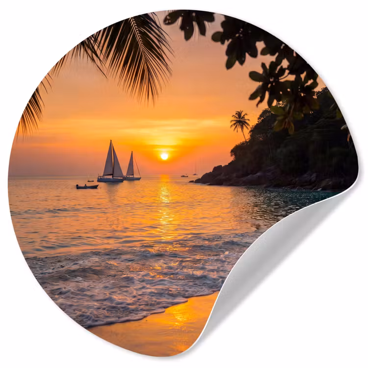Zee - Zonsondergang - Boot - Natuur - Oranje Wandcirkel behangsticker klein -3d