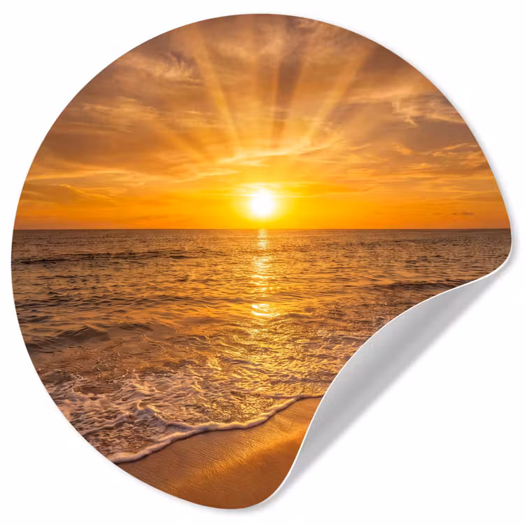 Zee - Zonsondergang - Golven - Kust - Oranje Wandcirkel behangsticker klein -3d