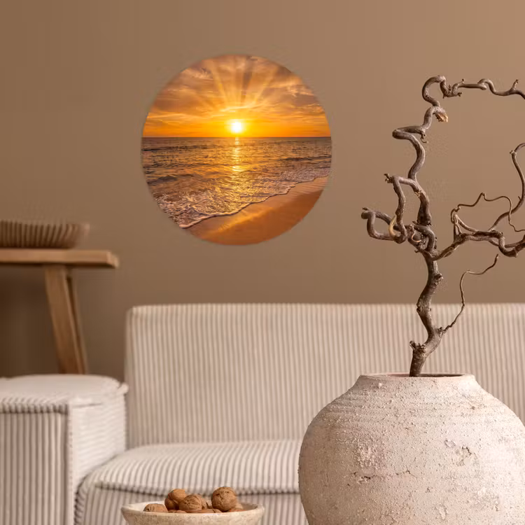 Zee - Zonsondergang - Golven - Kust - Oranje Wandcirkel behangsticker klein -sfeer1
