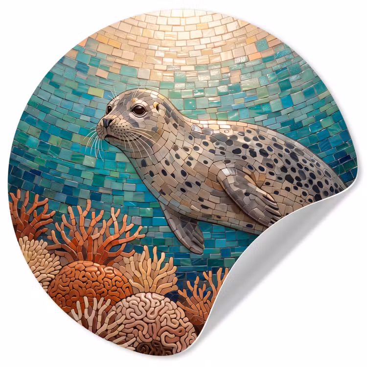 Zeehond - Mozaïek - Onderwater - Dieren - Blauw Wandcirkel behangsticker klein -3d
