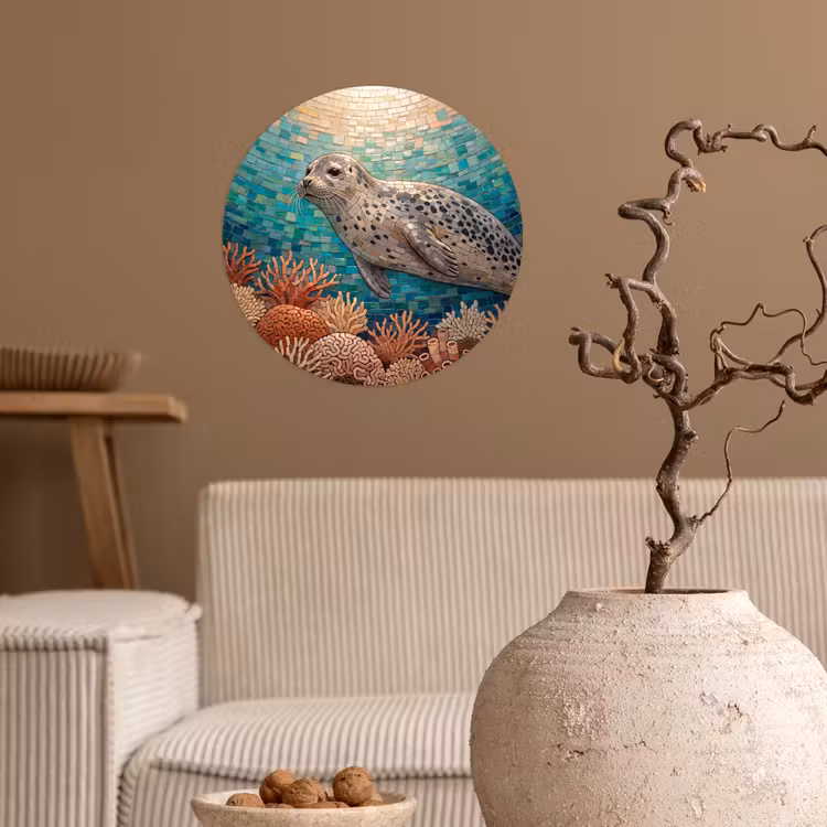 Zeehond - Mozaïek - Onderwater - Dieren - Blauw Wandcirkel behangsticker klein -sfeer1