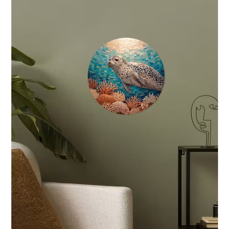 Zeehond - Mozaïek - Onderwater - Dieren - Blauw Wandcirkel behangsticker klein -sfeer2