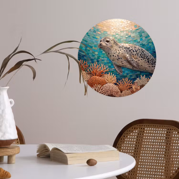 Zeehond - Mozaïek - Onderwater - Dieren - Blauw Wandcirkel behangsticker klein -sfeer3