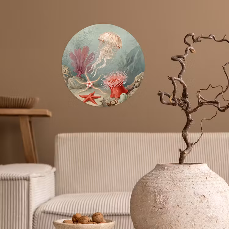 Zeeleven - Kwal - Onderwater - Illustratie - Beige Wandcirkel behangsticker klein -sfeer1