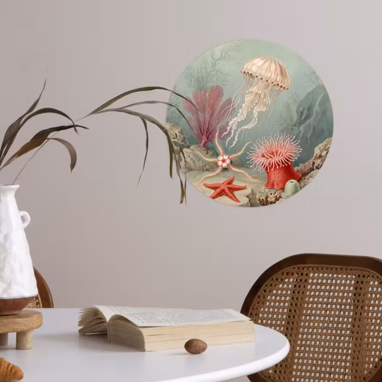Zeeleven - Kwal - Onderwater - Illustratie - Beige Wandcirkel behangsticker klein -sfeer3