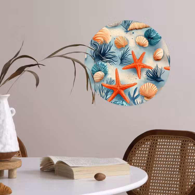 Zeesterren - Schelpen - Illustratie - Zand Wandcirkel behangsticker klein -sfeer3