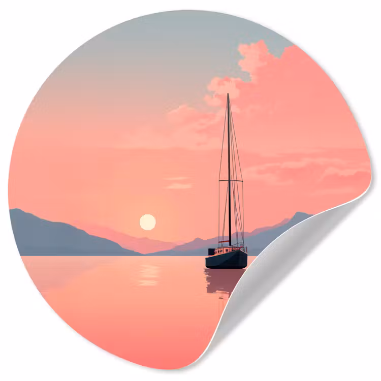 Zeilboot - Roze zee - Zonsondergang - Bergen Wandcirkel behangsticker klein -3d