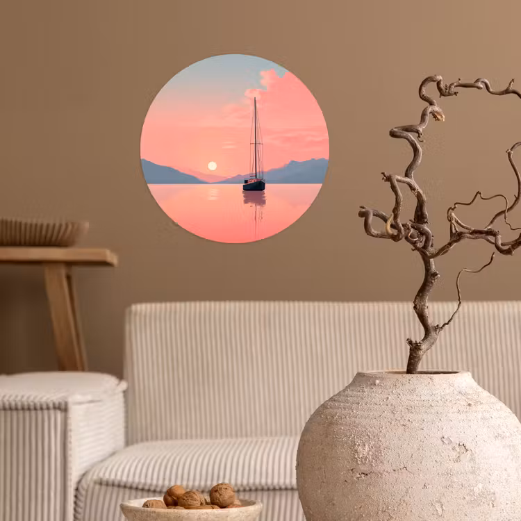 Zeilboot - Roze zee - Zonsondergang - Bergen Wandcirkel behangsticker klein -sfeer1