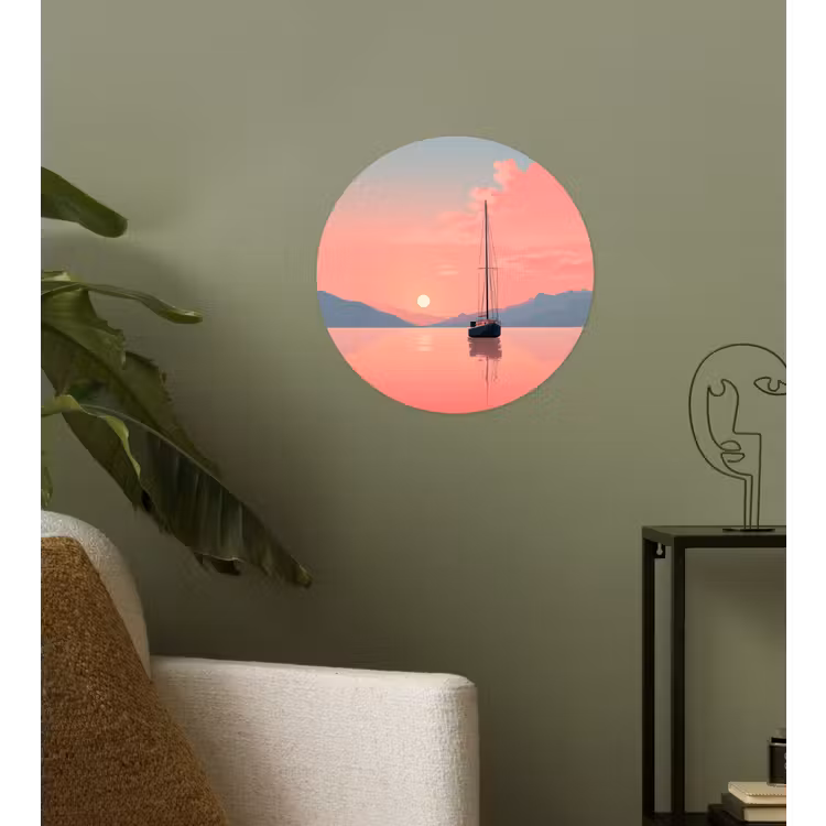 Zeilboot - Roze zee - Zonsondergang - Bergen Wandcirkel behangsticker klein -sfeer2