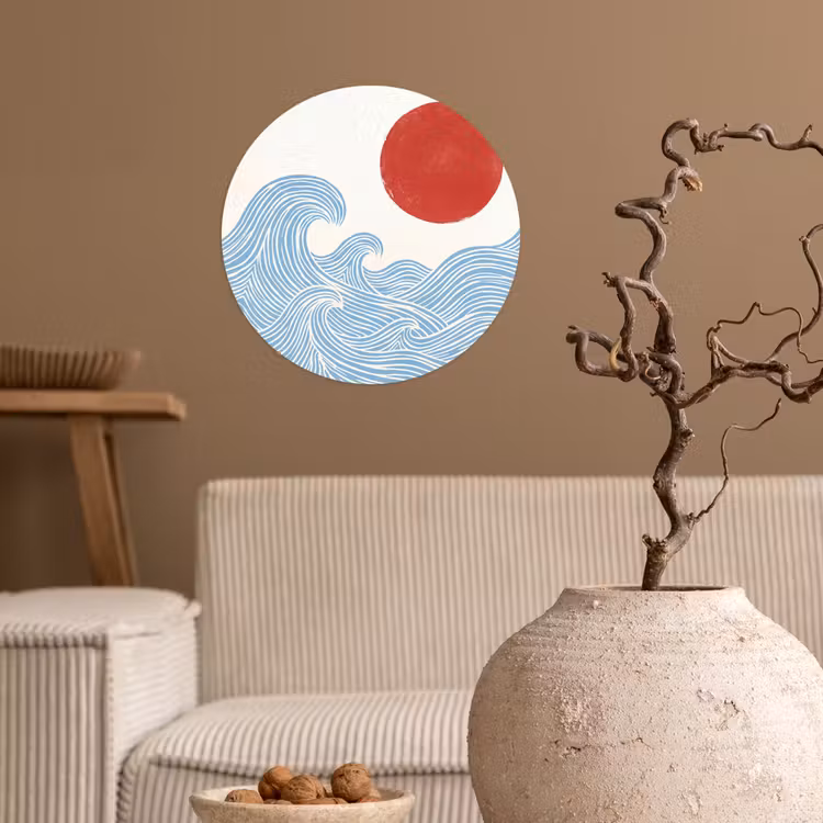 Zon - Golven - Oceaan - Abstract - Rood Wandcirkel behangsticker klein -sfeer1